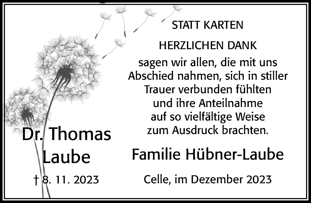  Traueranzeige für Thomas Laube vom 09.12.2023 aus Cellesche Zeitung