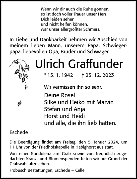 Traueranzeige von Ulrich Graffunder von Cellesche Zeitung