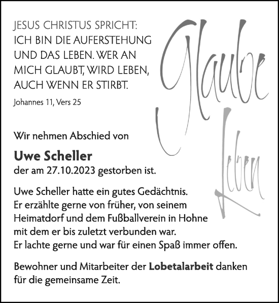 Traueranzeige von Uwe Scheller von Cellesche Zeitung