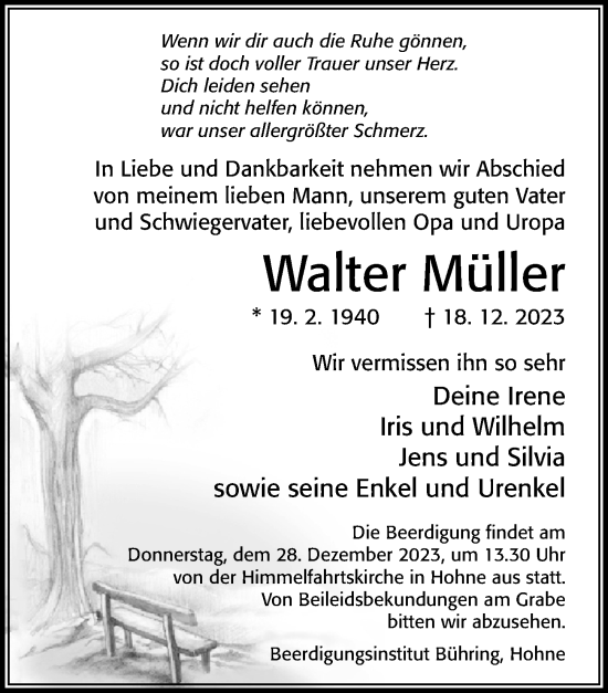 Traueranzeige von Walter Müller von Cellesche Zeitung