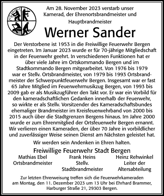 Traueranzeige von Werner Sander von Cellesche Zeitung