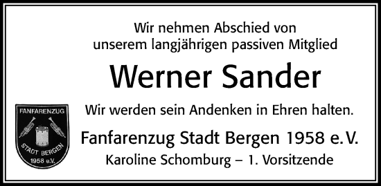 Traueranzeige von Werner Sander von Cellesche Zeitung