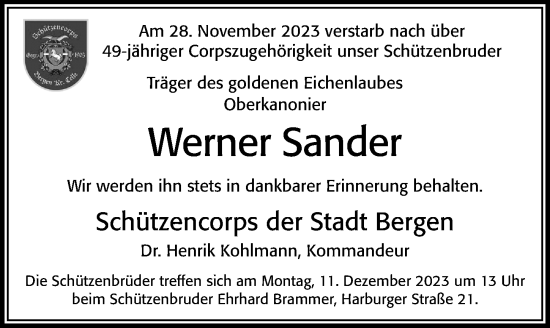 Traueranzeige von Werner Sander von Cellesche Zeitung