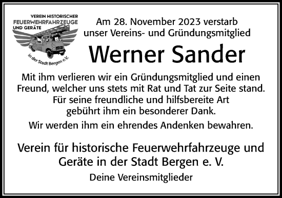 Traueranzeige von Werner Sander von Cellesche Zeitung