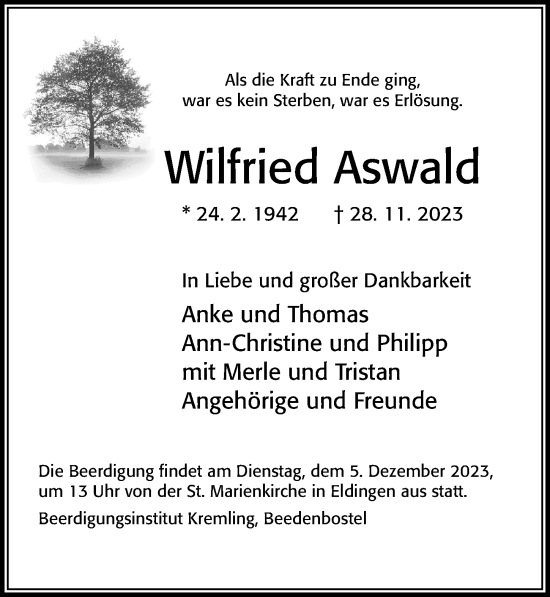 Traueranzeige von Wilfried Aswald von Cellesche Zeitung