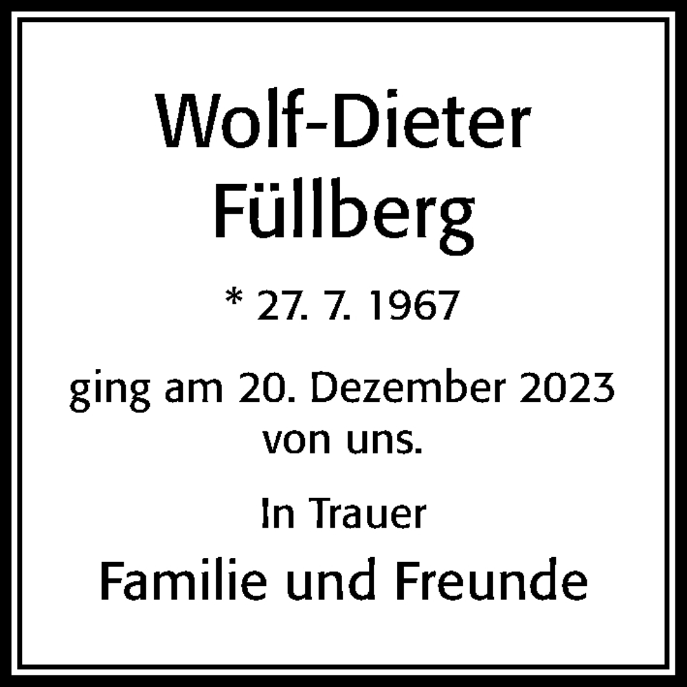  Traueranzeige für Wolf-Dieter Füllberg vom 27.12.2023 aus Cellesche Zeitung