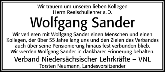 Traueranzeige von Wolfgang Sander von Cellesche Zeitung