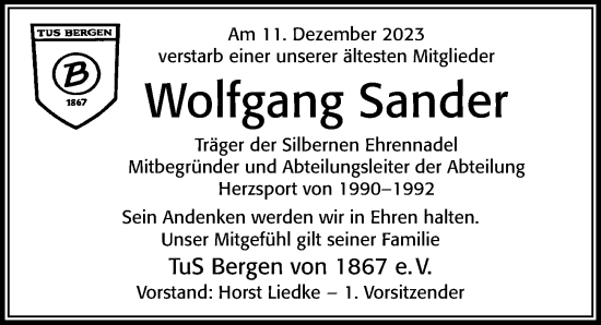 Traueranzeige von Wolfgang Sander von Cellesche Zeitung