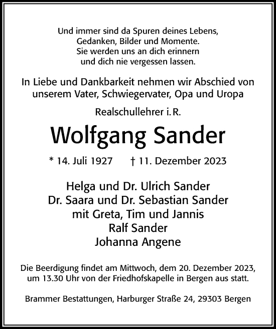 Traueranzeige von Wolfgang Sander von Cellesche Zeitung