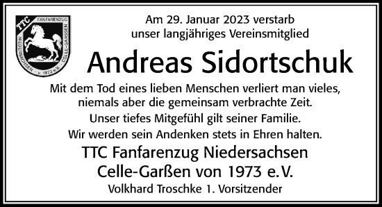 Traueranzeige von Andreas Sidortschuk von Cellesche Zeitung