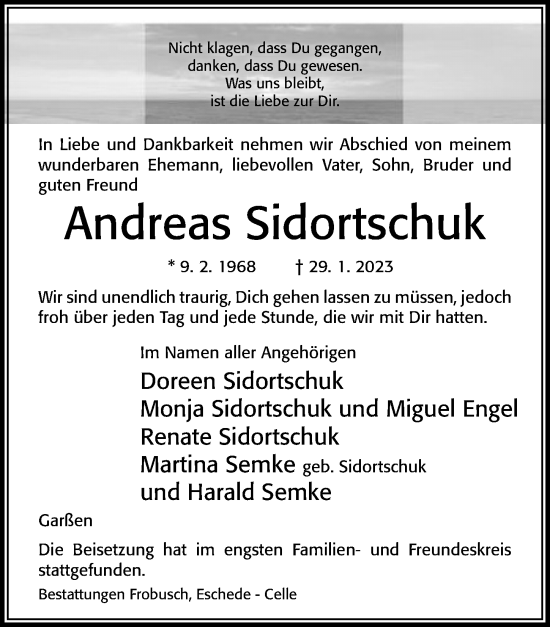 Traueranzeige von Andreas Sidortschuk von Cellesche Zeitung