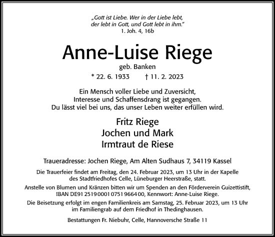 Traueranzeige von Anne-Luise Riege von Cellesche Zeitung
