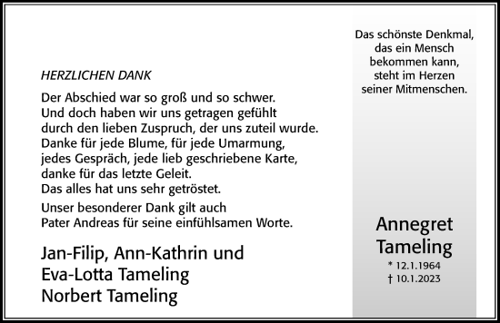 Traueranzeige von Annegret Tameling von Cellesche Zeitung