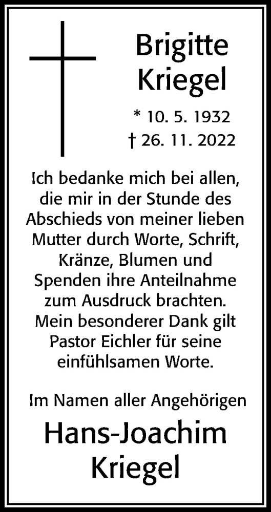  Traueranzeige für Brigitte Kriegel vom 01.02.2023 aus Cellesche Zeitung
