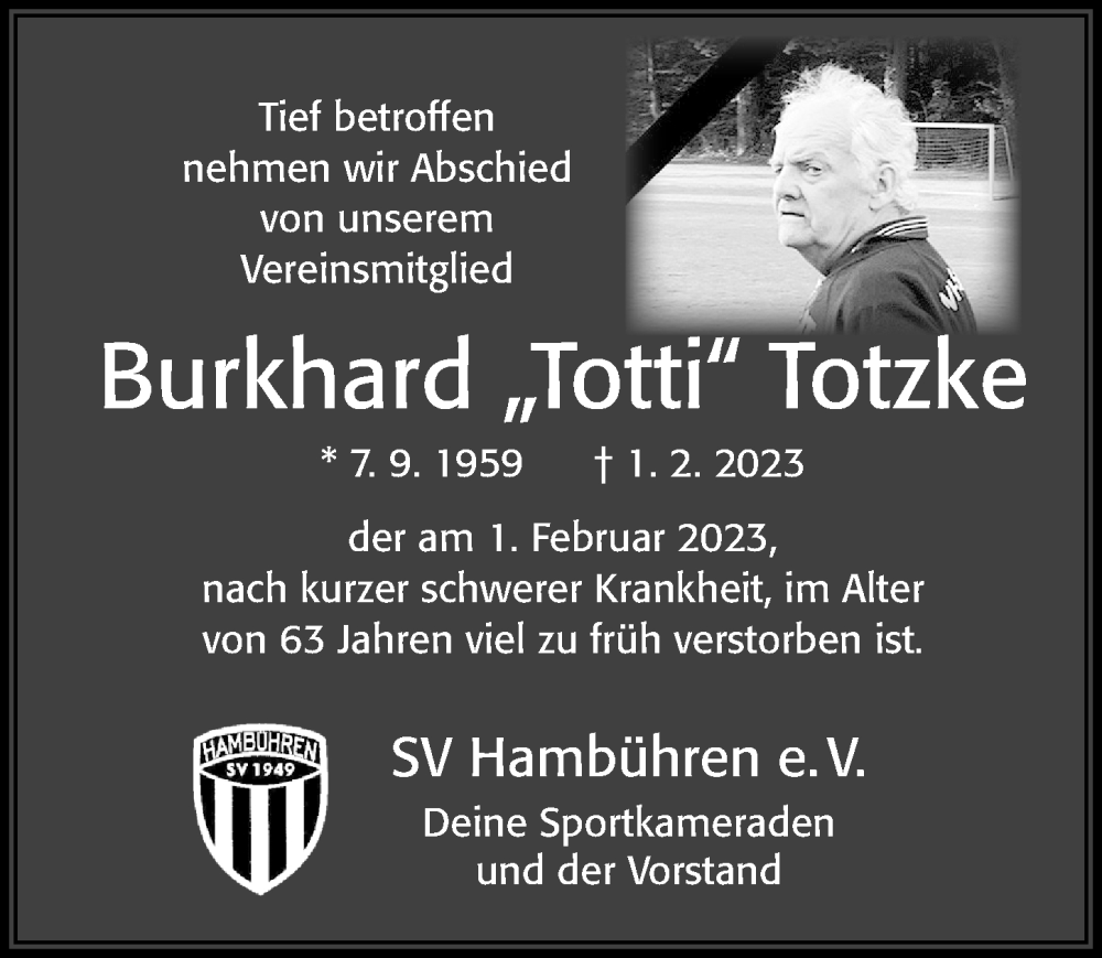  Traueranzeige für Burkhard Totzke vom 14.02.2023 aus Cellesche Zeitung