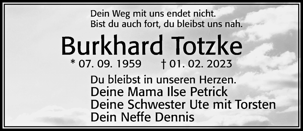  Traueranzeige für Burkhard Totzke vom 14.02.2023 aus Cellesche Zeitung