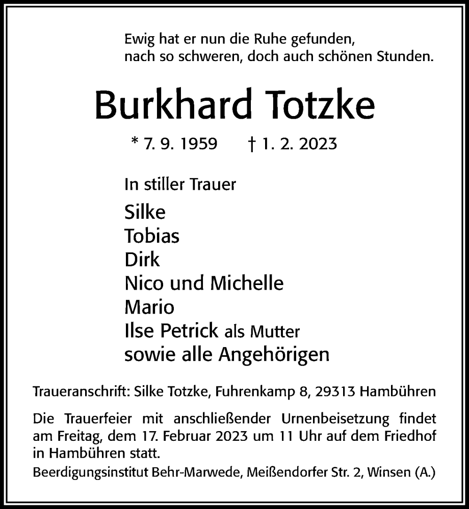  Traueranzeige für Burkhard Totzke vom 14.02.2023 aus Cellesche Zeitung