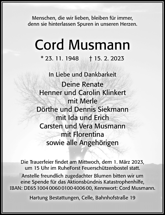 Traueranzeige von Cord Musmann von Cellesche Zeitung