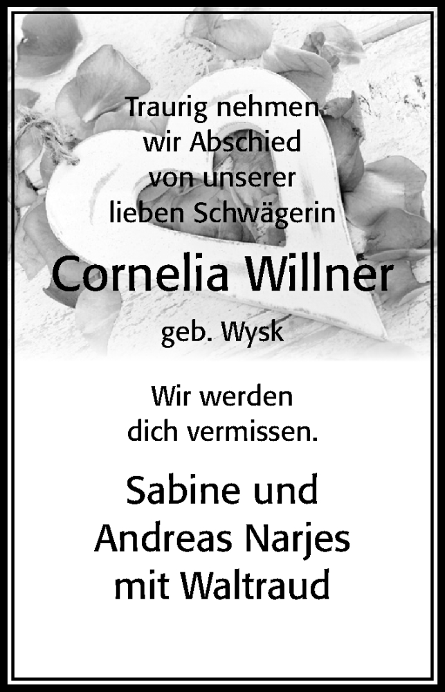  Traueranzeige für Cornelia Willner vom 25.02.2023 aus Cellesche Zeitung