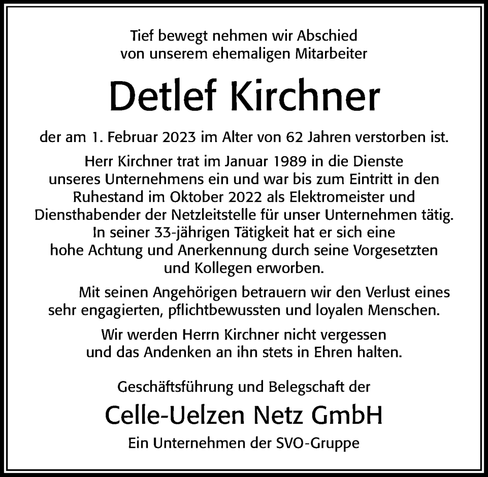  Traueranzeige für Detlef Kirchner vom 11.02.2023 aus Cellesche Zeitung