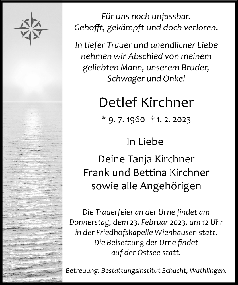  Traueranzeige für Detlef Kirchner vom 11.02.2023 aus Cellesche Zeitung