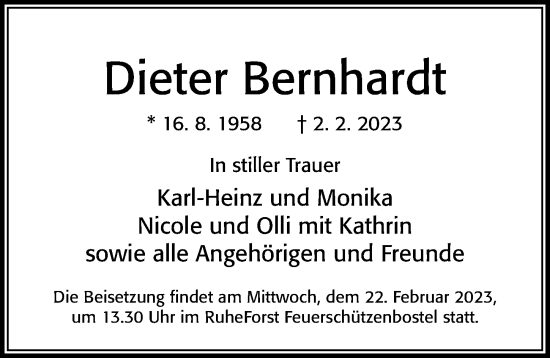 Traueranzeige von Dieter Bernhardt von Cellesche Zeitung