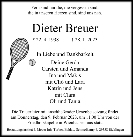 Traueranzeige von Dieter Breuer von Cellesche Zeitung
