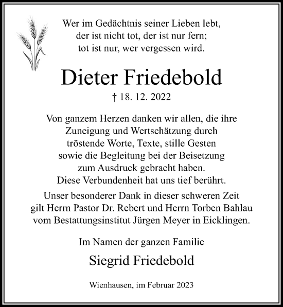 Traueranzeige von Dieter Friedebold von Cellesche Zeitung