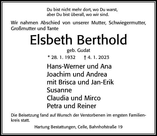 Traueranzeige von Elsbeth Berthold von Cellesche Zeitung