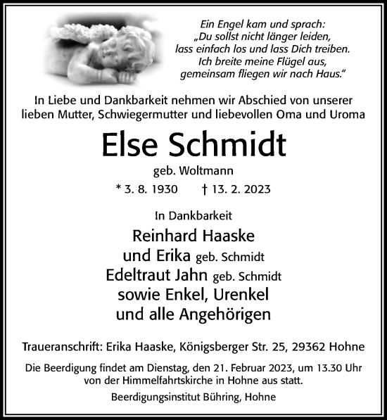 Traueranzeige von Else Schmidt von Cellesche Zeitung