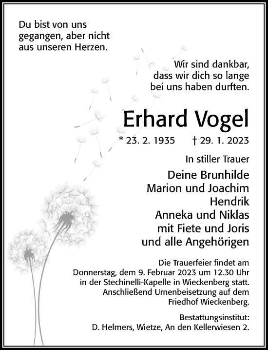 Traueranzeige von Erhard Vogel von Cellesche Zeitung