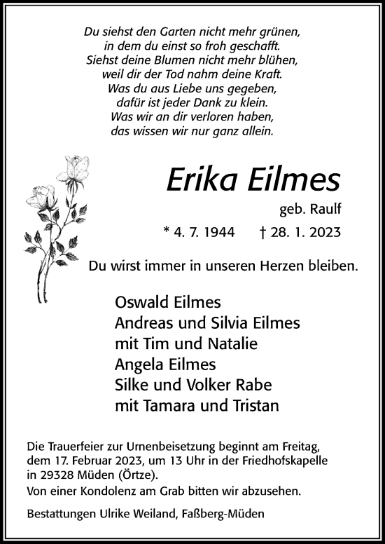 Traueranzeige von Erika Eilmes von Cellesche Zeitung