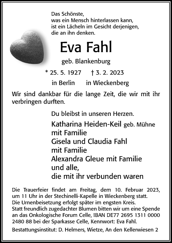 Traueranzeige von Eva Fahl von Cellesche Zeitung