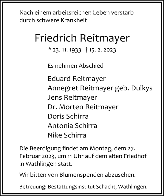 Traueranzeige von Friedrich Reitmayer von Cellesche Zeitung