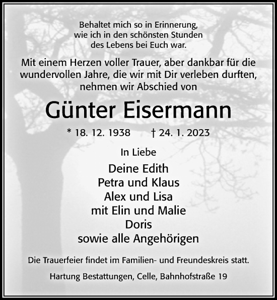 Traueranzeige von Günter Eisermann von Cellesche Zeitung