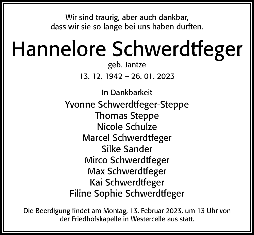  Traueranzeige für Hannelore Schwerdtfeger vom 03.02.2023 aus Cellesche Zeitung