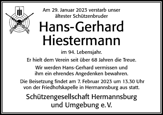 Traueranzeige von Hans-Gerhard Hiestermann von Cellesche Zeitung