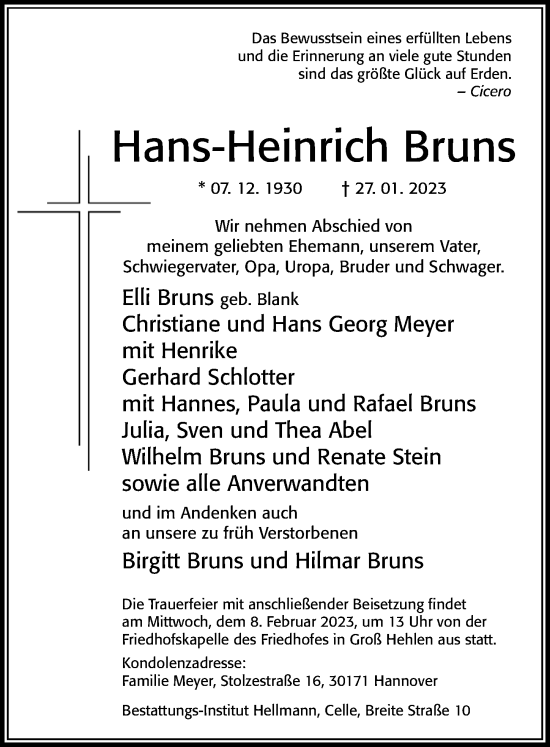 Traueranzeige von Hans-Heinrich Bruns von Cellesche Zeitung