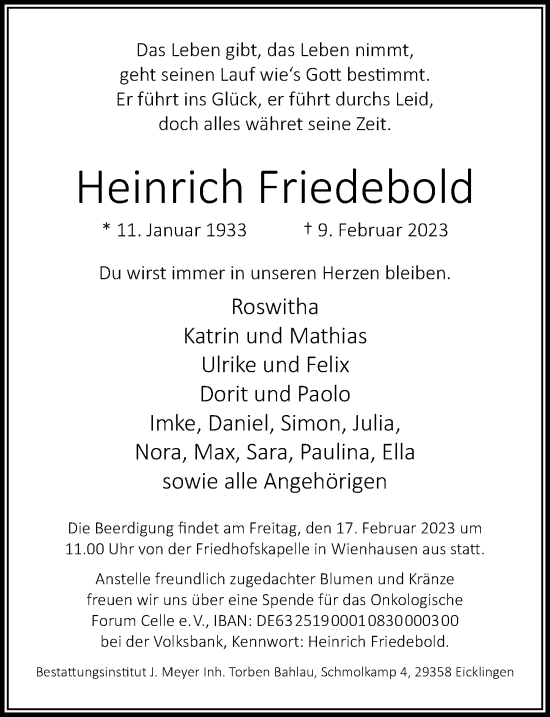 Traueranzeige von Heinrich Friedebold von Cellesche Zeitung