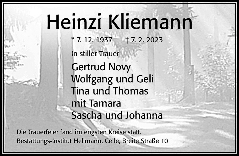  Traueranzeige für Heinzi Kliemann vom 25.02.2023 aus Cellesche Zeitung