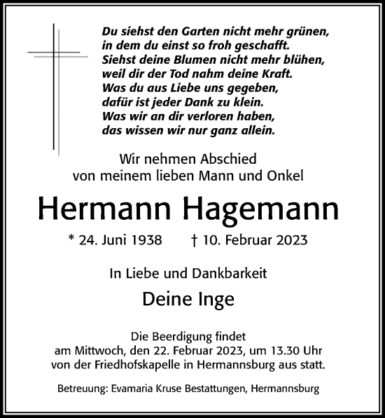 Traueranzeige von Hermann Hagemann von Cellesche Zeitung
