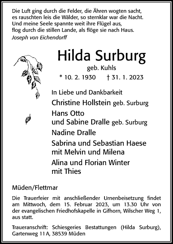 Traueranzeige von Hilda Surburg von Cellesche Zeitung