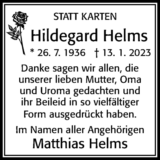 Traueranzeige von Hildegard Helms von Cellesche Zeitung