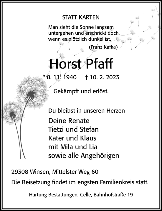 Traueranzeige von Horst Pfaff von Cellesche Zeitung
