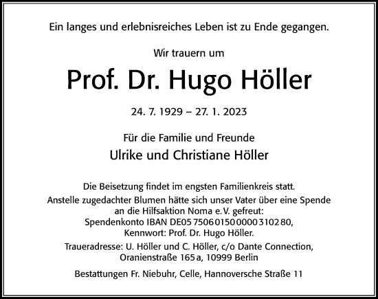 Traueranzeige von Hugo Höller von Cellesche Zeitung
