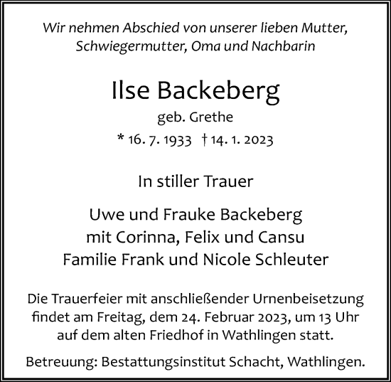 Traueranzeige von Ilse Backeberg von Cellesche Zeitung