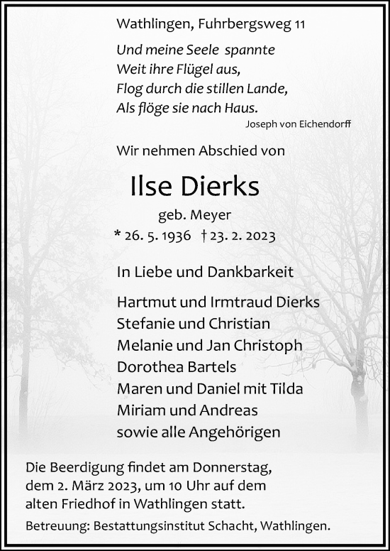 Traueranzeige von Ilse Dierks von Cellesche Zeitung