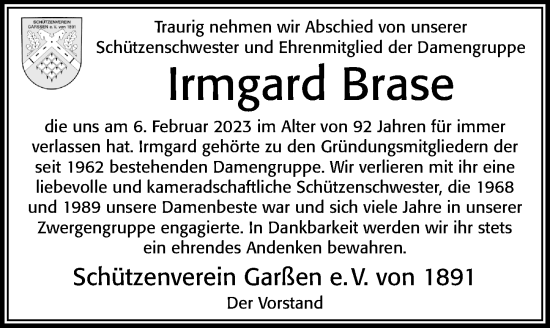Traueranzeige von Irmgard Brase von Cellesche Zeitung