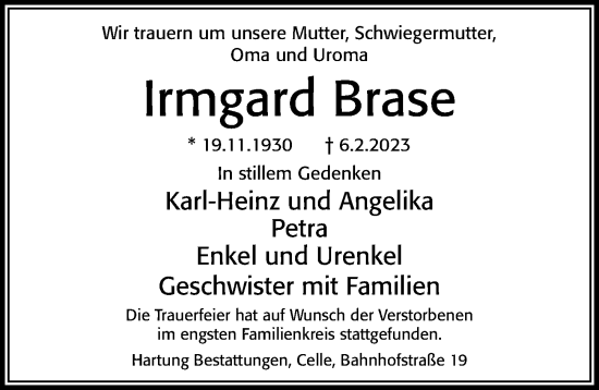 Traueranzeige von Irmgard Brase von Cellesche Zeitung