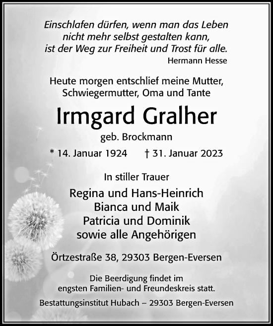 Traueranzeige von Irmgard Gralher von Cellesche Zeitung